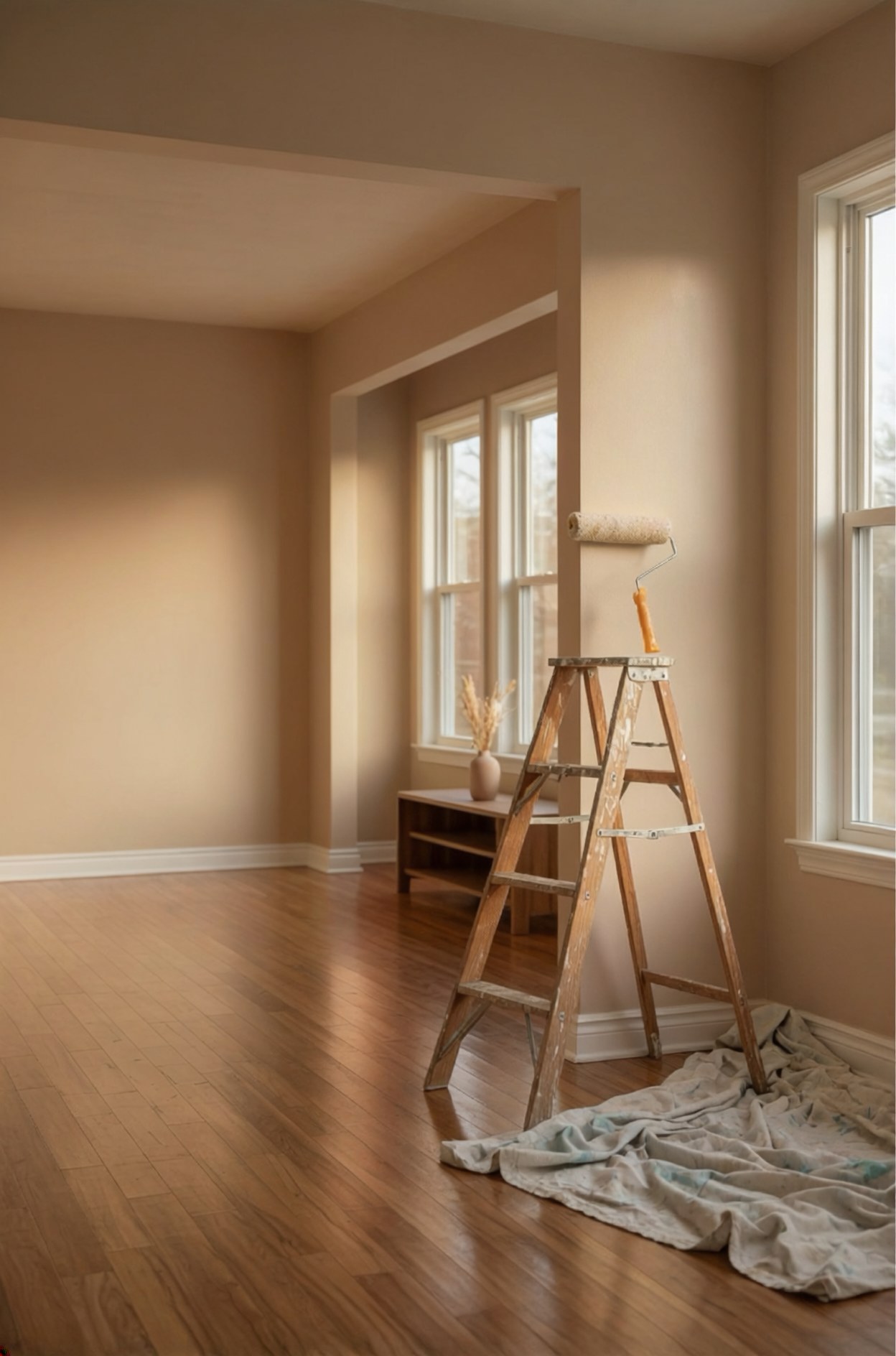 Freshly painted home interior with warm golden hour light, wooden step ladder, and drop cloth